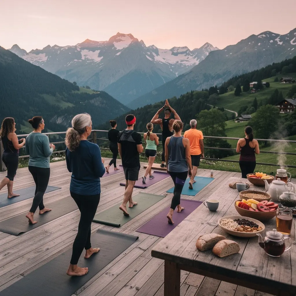 Practicante de yoga en un hermoso entorno natural con una colchoneta de yoga y un fondo de montañas.